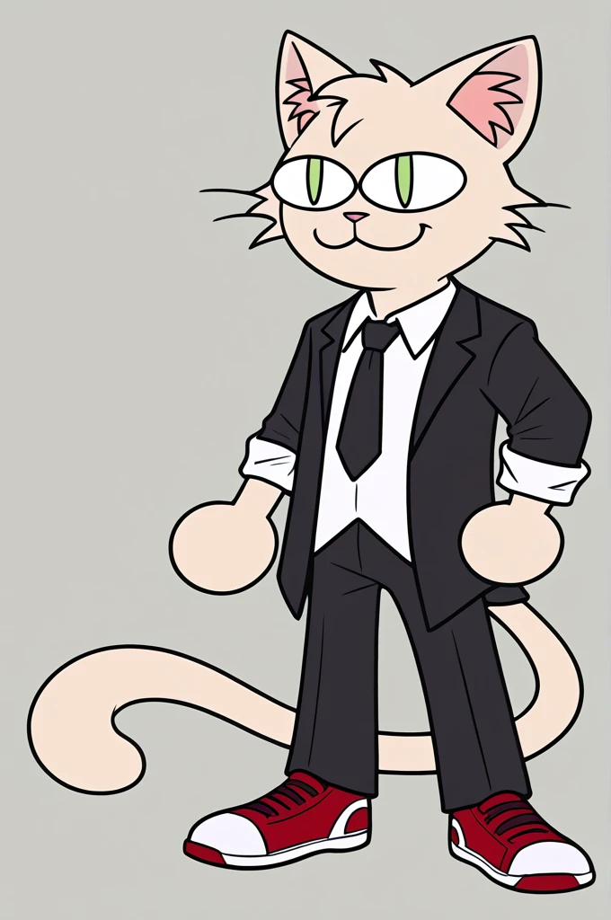 Furry, Solo Male, Tuxedo cat, pale-light green eyes, Light gray hat, dark red shirt, Black tie, Light gray tuxedo jacket, jacket sleeves rolled up, Black trousers, Red sneakers