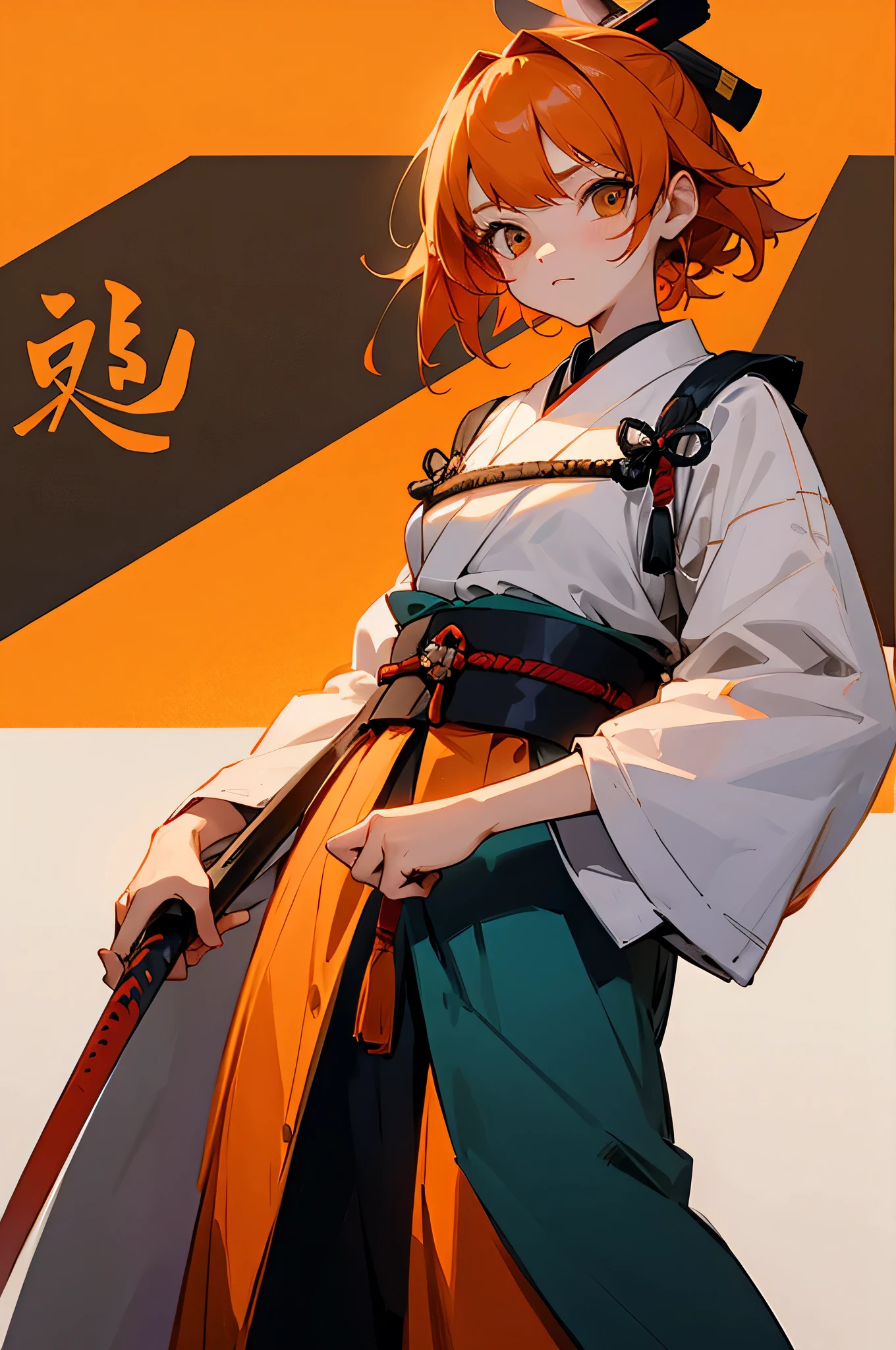 Teen , Female, samurai Clothing, Standing pose, Town background, Orange hair