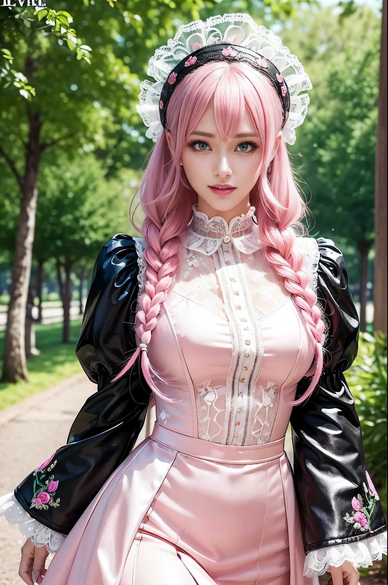 sexy stylish Swedish model, only 1 female, ((doll-like appearance)), long neon pink stylish hair, ((shiny Victorian-Style boots)), (happy smile), ultra detailed eyes, very detailed eye makeup, lipgloss, long lashes, defined eyebrows, ((sexy Paradise Kiss cosplay)), bell-shaped skirt, petticoats, high neckline, puffed sleeves, ((ultra detailed lace)), ((ultra detailed embroidery)), intricate details, Paradise Kiss accessoires and matching headpiece, choker, ((large sparkling Paradise Kiss jewelry)), cinematic light, detailed large park background with trees