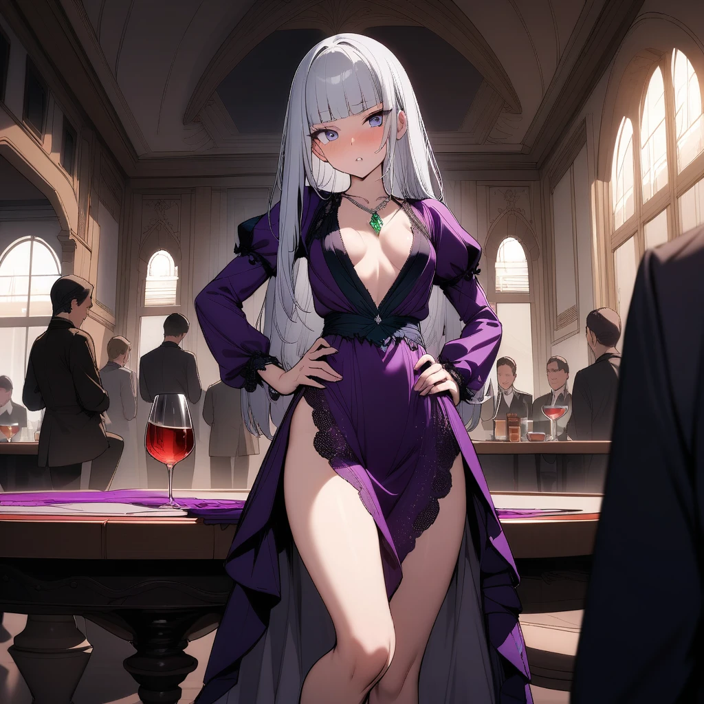 (masterpiece),(best quality),very aesthetic,(ultra-detailed),(illustration),nsfw,1girl,,slender,long hair,silver hair,straight hair,(blunt bangs),dark blue alluring eyes,(annoyed:0.8),holding a wine glass,drunk,standing,standing on one leg,hand on hip,(head tilt:0.5),leaning against Gorgeously carved stone walls,An elegant and sophisticated outfit perfect for a partaturing a purple velvet dress with green lace accents,long sleeves,Silver necklace with embedded emerald gemstone,Guest house of Western aristocracy,Luxurious and spacious halls,High ceiling,table,A sumptuous meal is laid out on tables,looking way,cowboy shot,crowded with Mob Western aristocrats chatting with each other