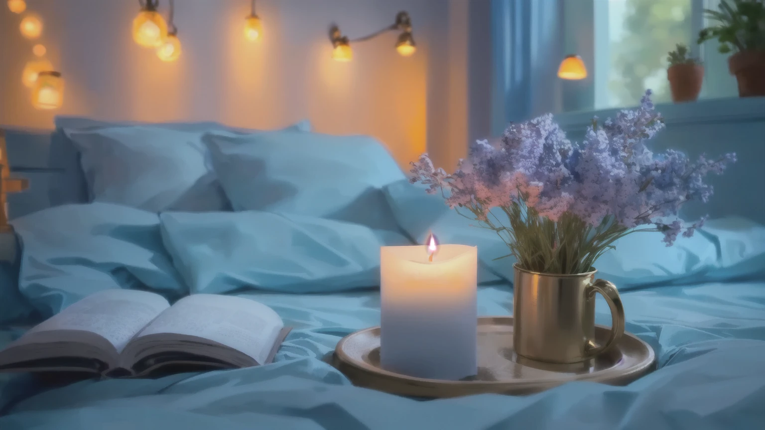 there is a candle and a book on a bed with a blue comforter, cozy and peaceful atmosphere, relaxing atmosphere, peaceful ambience, romantic ambiente, relaxing mood, romantic atmosphere, cozy and calm, beautiful ambience, beautiful ambiance, peaceful atmosphere, comfy ambience, cozy candlelight, beautifully soft lit, cosy atmoshpere, lit with candles