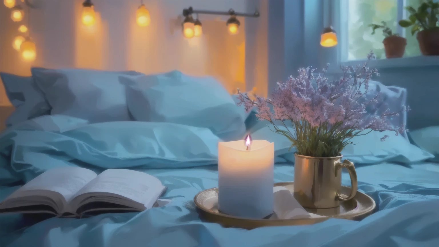 there is a candle and a book on a bed with a blue comforter, cozy and peaceful atmosphere, relaxing atmosphere, peaceful ambience, romantic ambiente, relaxing mood, romantic atmosphere, cozy and calm, beautiful ambience, beautiful ambiance, peaceful atmosphere, comfy ambience, cozy candlelight, beautifully soft lit, cosy atmoshpere, lit with candles