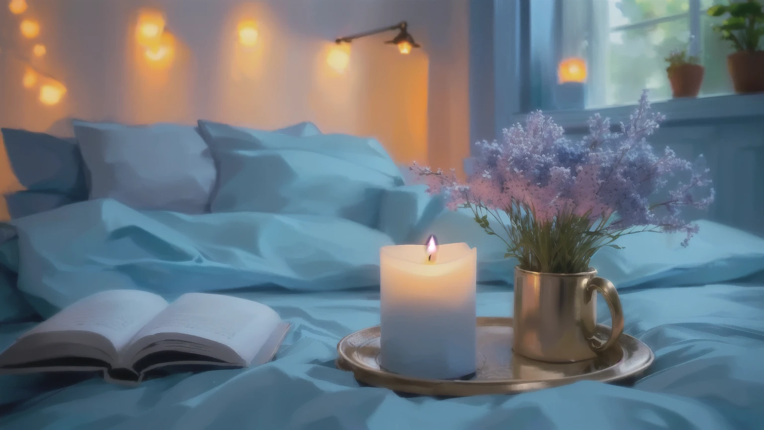 there is a candle and a book on a bed with a blue comforter, cozy and peaceful atmosphere, relaxing atmosphere, peaceful ambience, romantic ambiente, relaxing mood, romantic atmosphere, cozy and calm, beautiful ambience, beautiful ambiance, peaceful atmosphere, comfy ambience, cozy candlelight, beautifully soft lit, cosy atmoshpere, lit with candles