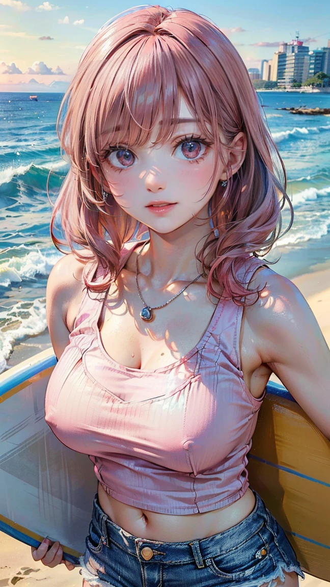 (Masterpiece, BestQuality:1.3), (ultra detailed:1.2), (hyperrealistic:1.3), (RAW photo:1.2), High detail RAW color photo, professional photograph, (Photorealistic:1.4), (realistic:1.4), (Pink Hair:1.5), professional lighting, perfect anatomy, (Big Breasts:1.2), (blush, detailed face), (A happy smile:1.7), Trending Hair&Trending Hairカラーをランダムに, earrings, necklace, bracelet, sexly, erotic sexly, Random sexy gravure poses, (A woman wearing a white tank top and denim shorts、Holding a surfboard and laughing with the ocean in the background。Beach wave hairstyle、Slightly tilting shoulders。:1.3)