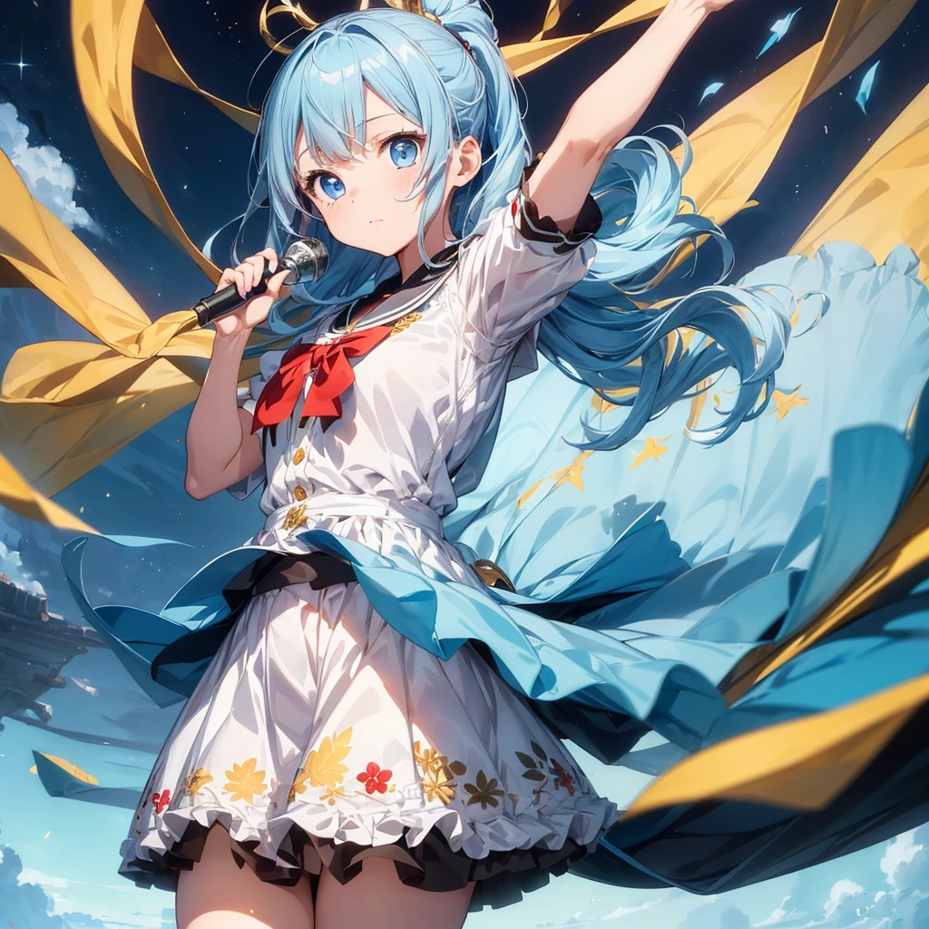 1girl、Dynamic composition、marching band、(((Masterpiece、Highest quality、Official Art、Super detailed、Handsome face、Dynamic composition)))、Anime Style、(Milky white and blue hair:1.3),(blue eyes:1.4),(Bright colors:1.4),((麻の葉background:1.3)),, marching bandのユニフォームを着たクールな女の子, marching bandの帽子、mini skirt, Frills, Black and white with gold embroidered flag held in both hands,(background:Large red flag on the back with gold floral embroidery, Note, )、euphonium、