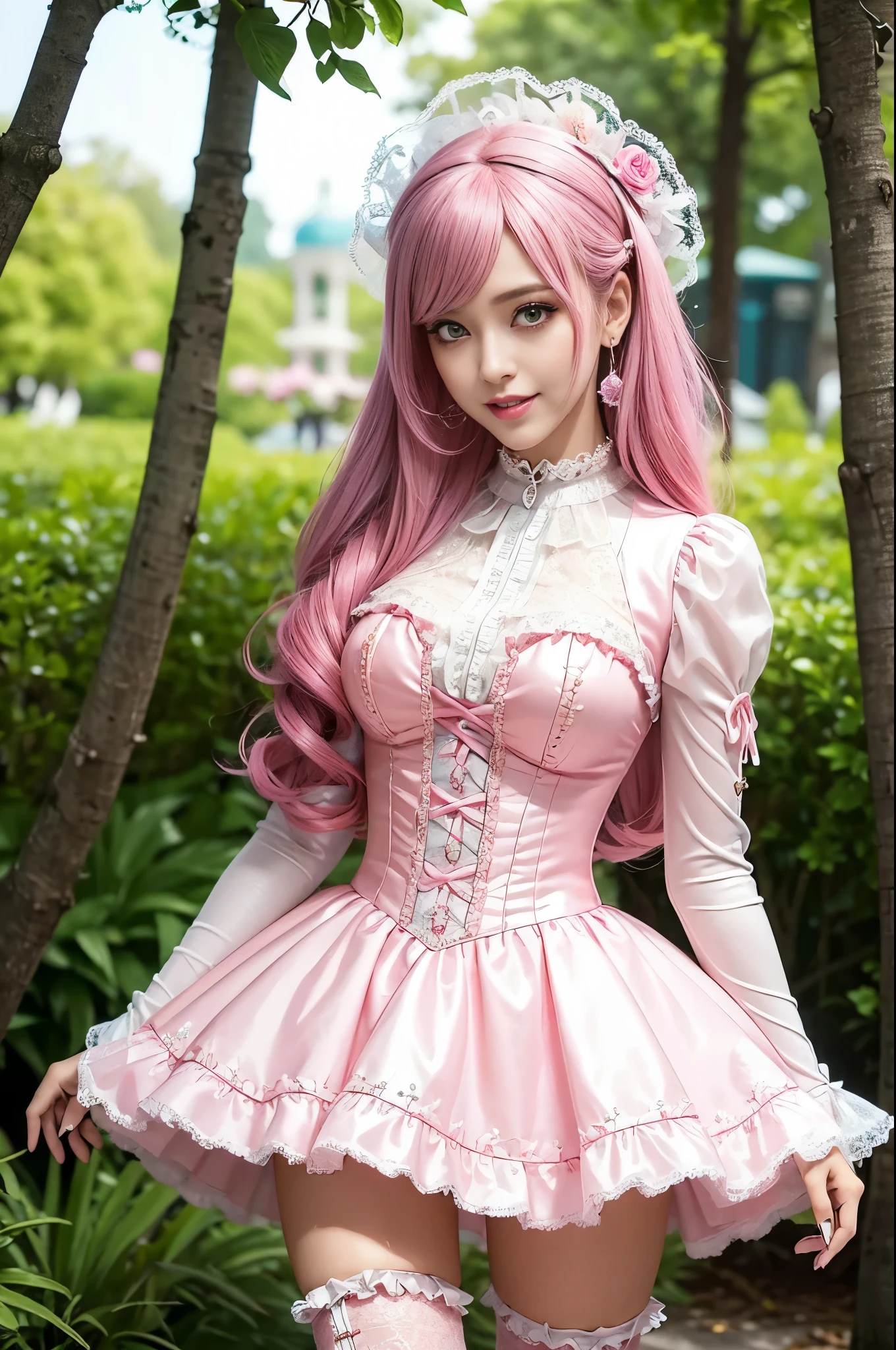 sexy stylish Swedish model, only 1 female, ((doll-like appearance)), long neon pink stylish hair, ((shiny Victorian-Style boots)), (happy smile), ultra detailed eyes, very detailed eye makeup, lipgloss, long lashes, defined eyebrows, ((sexy Paradise Kiss cosplay)), bell-shaped skirt, petticoats, high neckline, puffed sleeves, ((ultra detailed lace)), ((ultra detailed embroidery)), intricate details, Paradise Kiss accessoires and matching headpiece, choker, ((large sparkling Paradise Kiss jewelry)), cinematic light, detailed large park background with trees