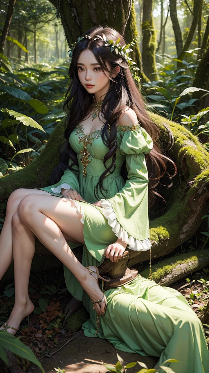 Beautiful girl with long hair sits in the forest in a beautiful fairy dress
