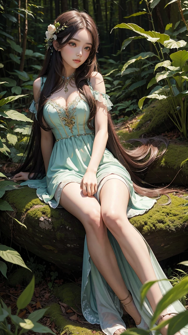 Beautiful girl with long hair sits in the forest in a beautiful fairy dress