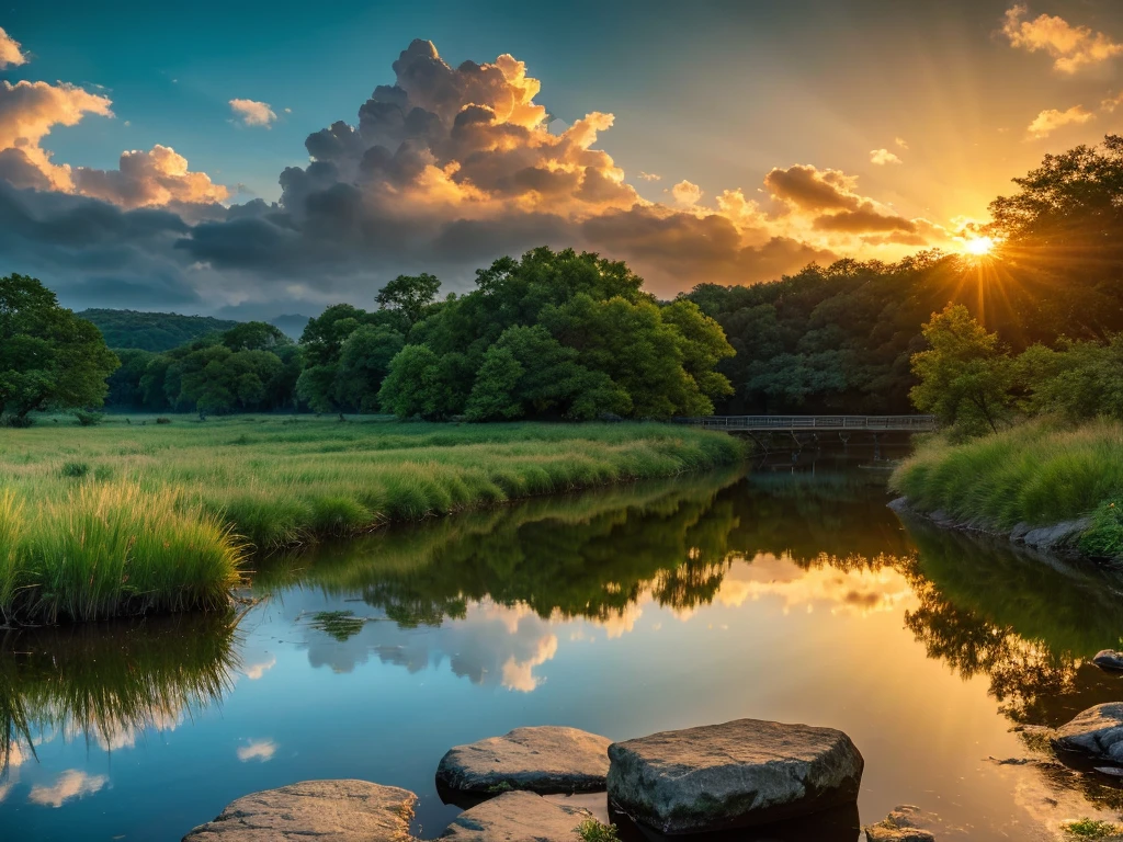 a serene sunset over a tranquil river, beautiful detailed clouds, dramatic lighting, vibrant colors, glowing sun, shimmering water, lush riverbanks, reflections on the water, atmospheric haze, peaceful landscape, detailed foliage, intricate textures, photorealistic,4k,8k,highres,masterpiece:1.2,ultra-detailed,realistic,photo-realistic:1.37,dramatic lighting,cinematic,stunning colors,vivid,breathtaking,atmospheric