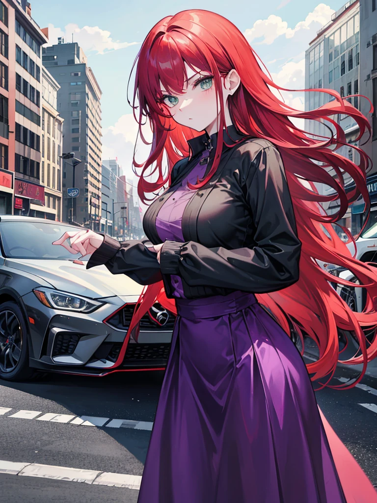 woman, green eyes, long red hair, bangs. she hair wavy. wear purple black dress, arrogant, independent woman, thug. bad girl. intimidating women. background in front of the car. mature woman. mafia.