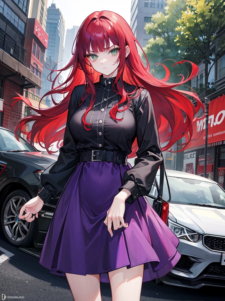 woman, green eyes, long red hair, bangs. she hair wavy. wear purple black dress, arrogant, independent woman, thug. bad girl. intimidating women. background in front of the car. mature woman. mafia.