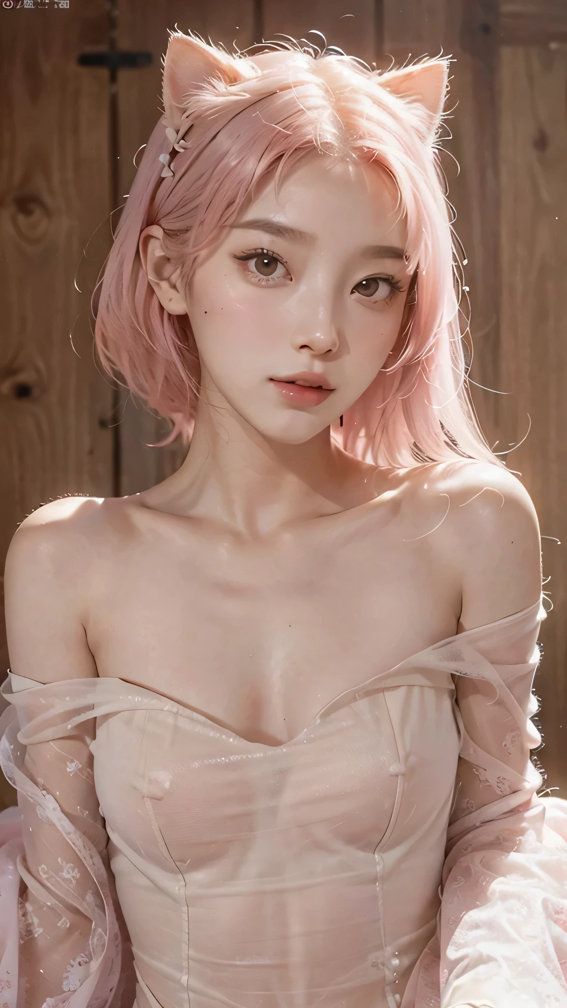 A gentle and lovely Chinese beautiful woman, delicate sexy collarbone, charming goose egg face, double eyelids, smart peach blossom eyes, pink lips, small upturned nose, bare shoulders, focused face, face close-up, ultra HD, super detail, full body photo, ultra-thin translucency, pink hair optimal proportions four fingers and one thumb, cat ears