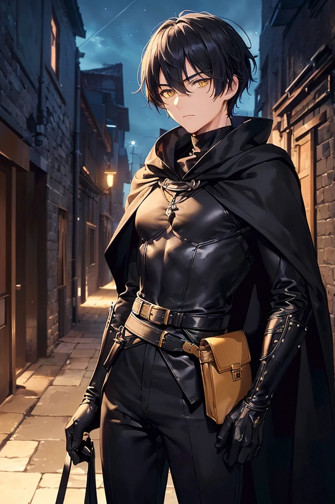 (masterpiece; best quality: 1.2), (finely detailed eyes: 1.3), ((25 year old man)), ((solo)), (yellow eyes: 1.4), (body; lithe, lean, slender: 1.3), (very short black hair: 1.3), (beautiful and clear background: 1.2), ((depth of field)), (clothes: black assassin attire + black high-neck tunic + black pants + black gloves + black cloak + belts + traveler pouches and satchel: 1.3), (anime illustration: 1.2), (background; medieval slums alleyway + night: 1.1), (extremely fine and handsome: 1.1), (shot composition; standing + centered on torso + close-up: 1.5), (expression; calm, stoic: 1.2)