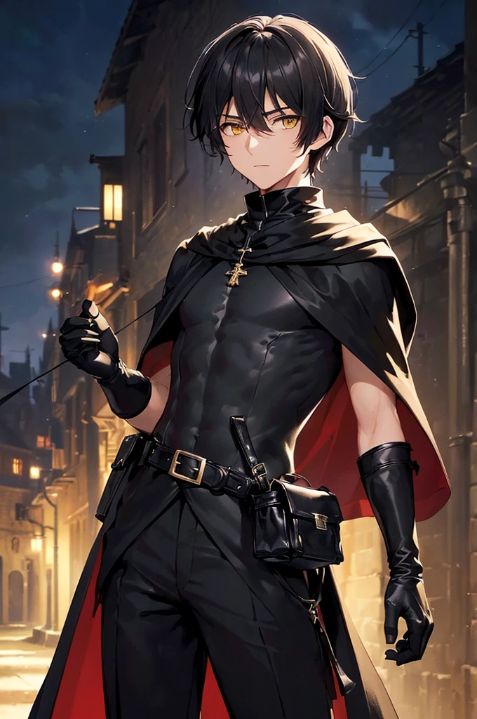 (masterpiece; best quality: 1.2), (finely detailed eyes: 1.3), ((25 year old man)), ((solo)), (yellow eyes: 1.4), (body; lithe, lean, slender: 1.3), (very short black hair: 1.3), (beautiful and clear background: 1.2), ((depth of field)), (clothes: black assassin attire + black high-neck tunic + black pants + black gloves + black cloak + belts + traveler pouches and satchel: 1.3), (anime illustration: 1.2), (background; medieval slums alleyway + night: 1.1), (extremely fine and handsome: 1.1), (shot composition; standing + centered on torso + close-up: 1.5), (expression; calm, stoic: 1.2)