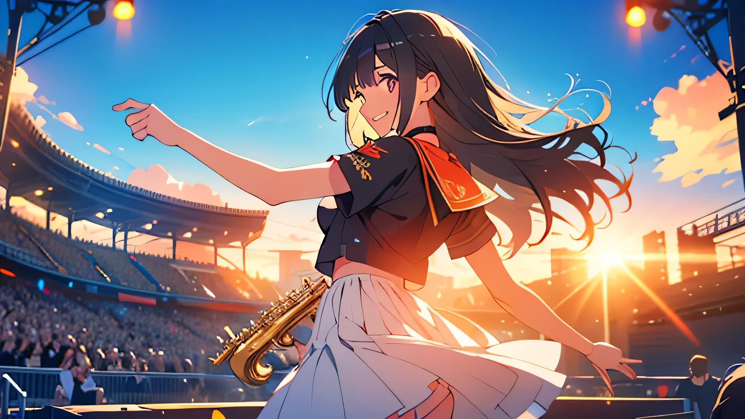 Highest quality, Highest Resolution, masterpiece, Super detailed, Beautiful woman, Black Hair, Long Hair, sunlight,  whole body, Front view,  Cabinet punk,Midsummer,Outdoor Live,Excited audience,Dancing audience,Sunshine,Daytime,The blazing sun,Playing the alto saxophone,Midsummer clothing,T-Shirts,Light clothing,smile