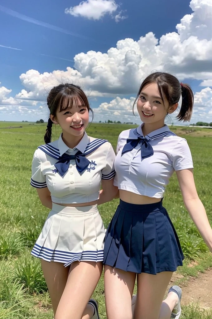 2 girls hopping in rural field,cumulonimbus cloud in summer blue sky,white sailor shirt with red bow tie,white panties with lifted navy blue pleated micro mini skirt up,18-year-old,bangs,a little smile,thighs,knees,short hair with low pigtails bunches,from before,front light
