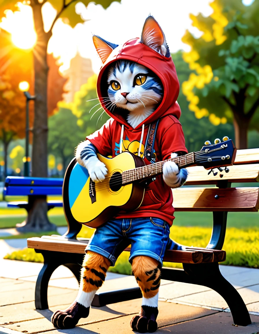chibi personified cat, 3-heads-tall, playing acoustic guitar, park bench, sunset, relaxed, enjoying music, wearing colorful and stylish casual clothes such as a bright yellow T-shirt, red hoodie, and blue shorts, cute, in the style of Jean-Baptiste Monge, Alan Lee, high-resolution, realistic photo, random camera angle, not looking at the camera, full scene with park background, cat paws
