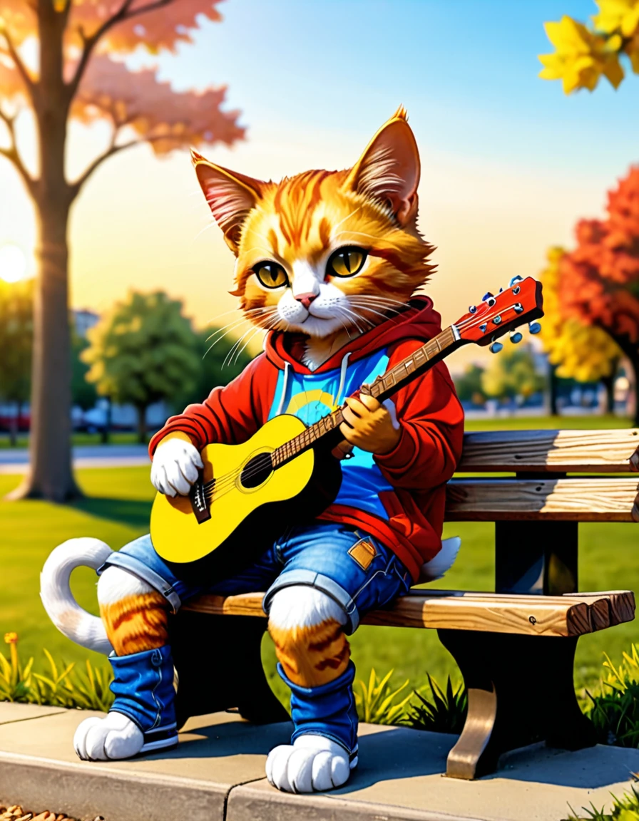 chibi personified cat, 3-heads-tall, playing acoustic guitar, park bench, sunset, relaxed, enjoying music, wearing colorful and stylish casual clothes such as a bright yellow T-shirt, red hoodie, and blue shorts, cute, in the style of Jean-Baptiste Monge, Alan Lee, high-resolution, realistic photo, random camera angle, not looking at the camera, full scene with park background, cat paws