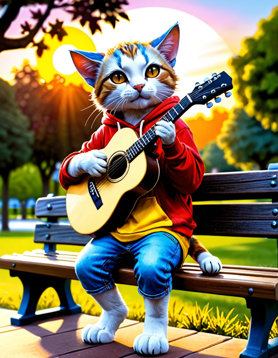 chibi personified cat, 3-heads-tall, playing acoustic guitar, park bench, sunset, relaxed, enjoying music, wearing colorful and stylish casual clothes such as a bright yellow T-shirt, red hoodie, and blue shorts, cute, in the style of Jean-Baptiste Monge, Alan Lee, high-resolution, realistic photo, random camera angle, not looking at the camera, full scene with park background, cat paws