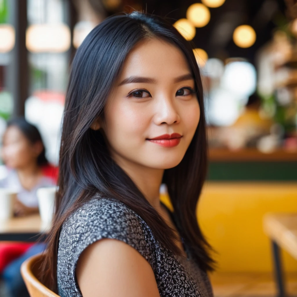 headshot photo of indonesian woman, side view, blurry cafe background