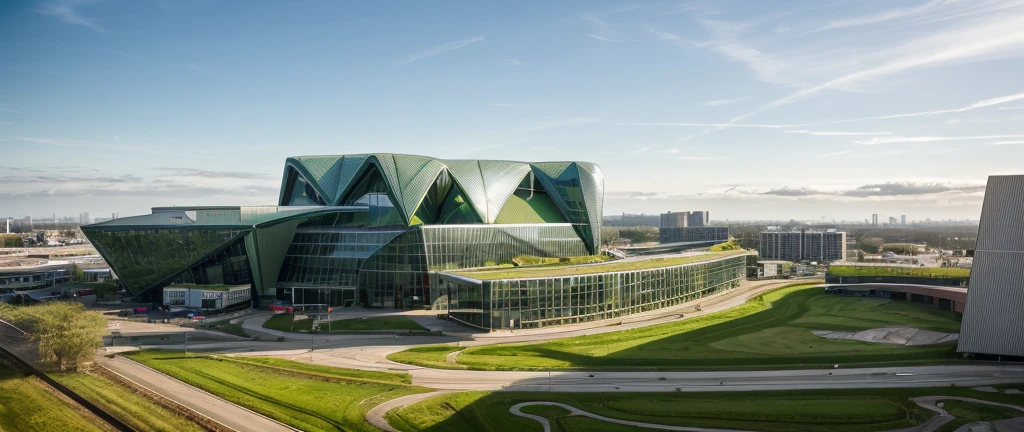 aerial view, master view, grass, day, line, curve, highquality, realistic photo, canon eos 5D mark, [[[architech1904]]], natural light, (realistic: 1.2), sharpen edge, green architecture, green building, morden building.