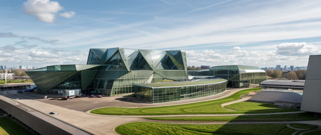 aerial view, master view, grass, day, line, curve, highquality, realistic photo, canon eos 5D mark, [[[architech1904]]], natural light, (realistic: 1.2), sharpen edge, green architecture, green building, morden building.