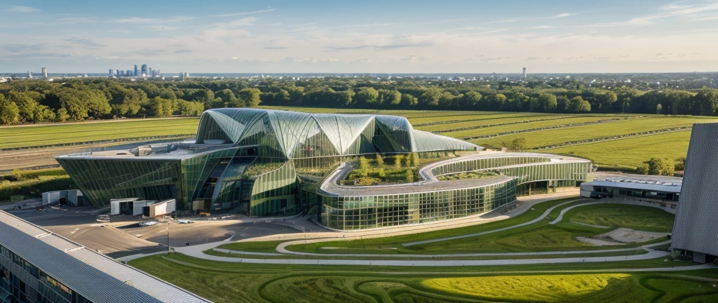 aerial view, master view, grass, day, line, curve, highquality, realistic photo, canon eos 5D mark, [[[architech1904]]], natural light, (realistic: 1.2), sharpen edge, green architecture, green building, morden building.