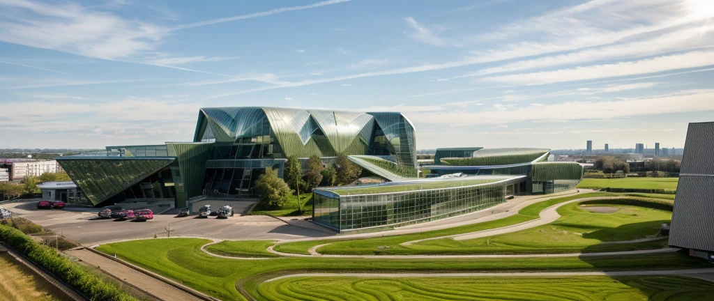 aerial view, master view, grass, day, line, curve, highquality, realistic photo, canon eos 5D mark, [[[architech1904]]], natural light, (realistic: 1.2), sharpen edge, green architecture, green building, morden building.