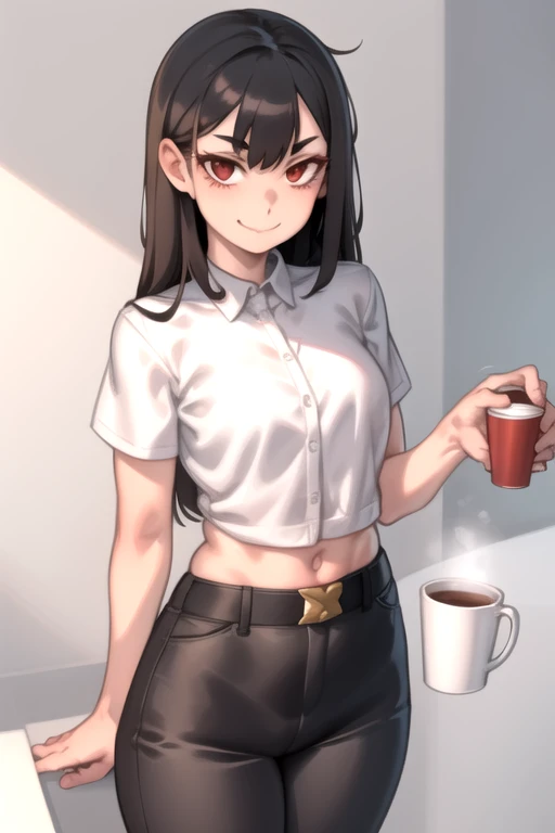 whole body, 1 girl, standing alone, chestnut hair, ssmile, looking to the down, secretary, Eyes red, cups, detailded , pants, waist belt, shorth hair, Bblack hair, white  shirt, black pants, KelvinHiuArtist hair ,flat-colors, ,outline,