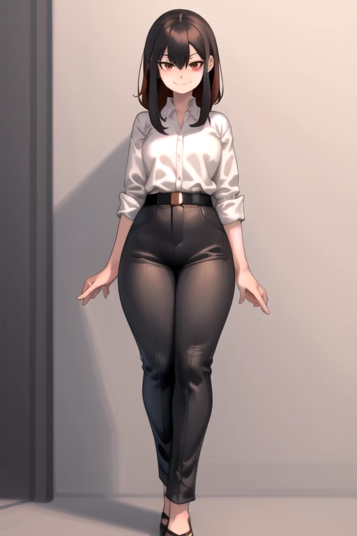 whole body, 1 girl, standing alone, chestnut hair, ssmile, looking to the down, secretary, Eyes red, cups, detailded , pants, waist belt, shorth hair, Bblack hair, white shirt, black pants, KelvinHiuArtist hair ,flat-colors, ,outline,