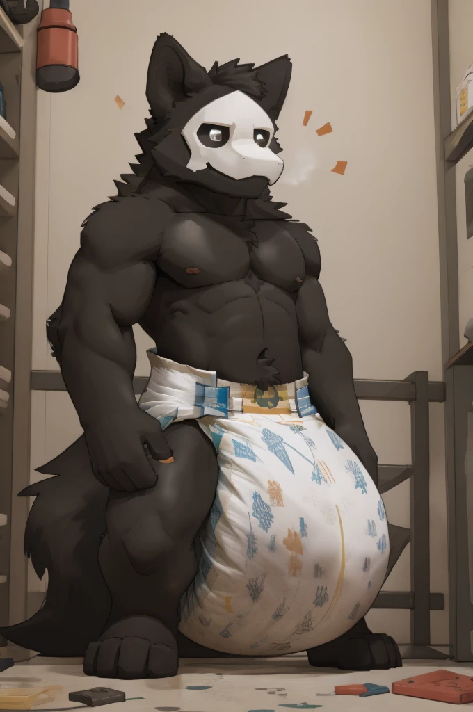 Puro stands next to a overflowing diaper pail, filled with used diapers. With a mischievous glint in his eyes, he playfully sticks his head into the pail, inhaling deeply the strong scent of his own musky essence.