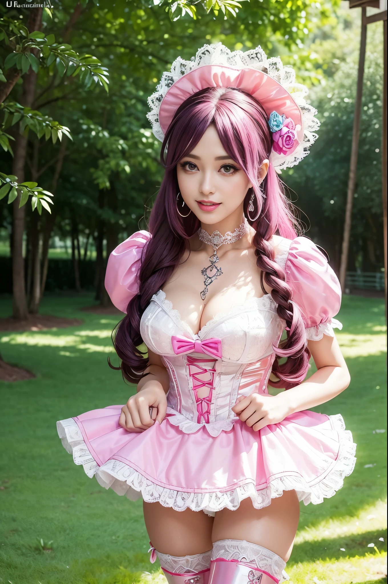sexy stylish Swedish model, only 1 female, ((doll-like appearance)), long neon pink stylish hair, ((shiny Victorian-Style boots)), (happy smile), ultra detailed eyes, very detailed eye makeup, lipgloss, long lashes, defined eyebrows, ((sexy Paradise Kiss cosplay)), bell-shaped skirt, petticoats, high neckline, puffed sleeves, ((ultra detailed lace)), ((ultra detailed embroidery)), intricate details, Paradise Kiss accessoires and matching headpiece, choker, ((large sparkling Paradise Kiss jewelry)), cinematic light, detailed large park background with trees