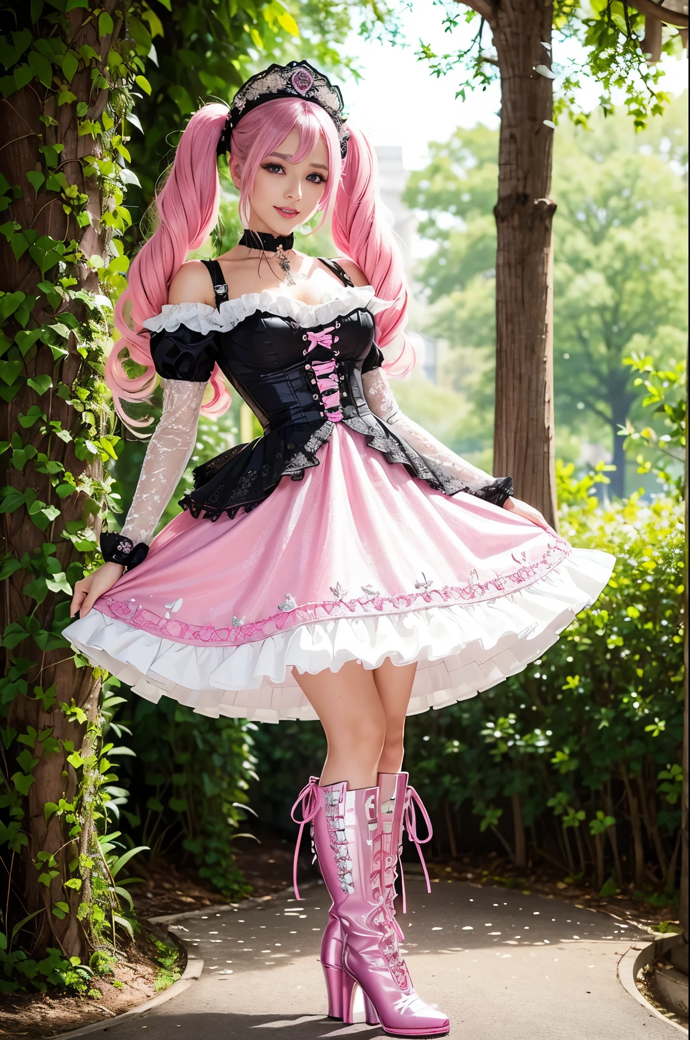 sexy stylish Swedish model, only 1 female, ((doll-like appearance)), long neon pink stylish hair, ((shiny Victorian-Style boots)), (happy smile), ultra detailed eyes, very detailed eye makeup, lipgloss, long lashes, defined eyebrows, ((sexy Paradise Kiss cosplay)), bell-shaped skirt, petticoats, high neckline, puffed sleeves, ((ultra detailed lace)), ((ultra detailed embroidery)), intricate details, Paradise Kiss accessoires and matching headpiece, choker, ((large sparkling Paradise Kiss jewelry)), cinematic light, detailed large park background with trees