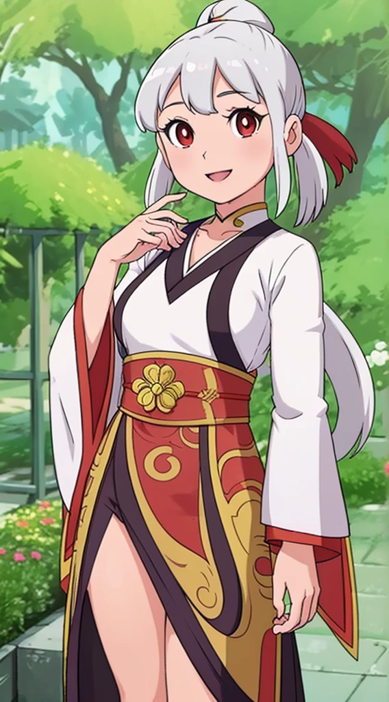 masterpiece, best quality, 1girl, solo, long hair, looking at viewer, smile, bangs, hair ornament, red eyes, long sleeves, dress, standing, collarbone, white hair, grey hair, alternate costume, wide sleeves, tree, chinese clothes, hairpin, hanfu, ningguang (genshin impact), Ningguang,