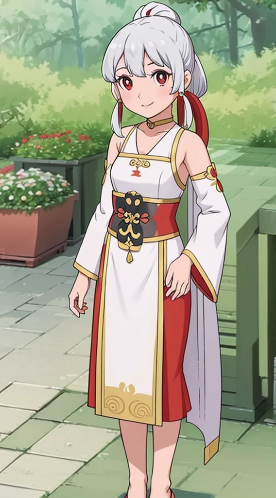 masterpiece, best quality, 1girl, solo, long hair, looking at viewer, smile, bangs, hair ornament, red eyes, long sleeves, dress, standing, collarbone, white hair, grey hair, alternate costume, wide sleeves, tree, chinese clothes, hairpin, hanfu, ningguang (genshin impact), Ningguang,