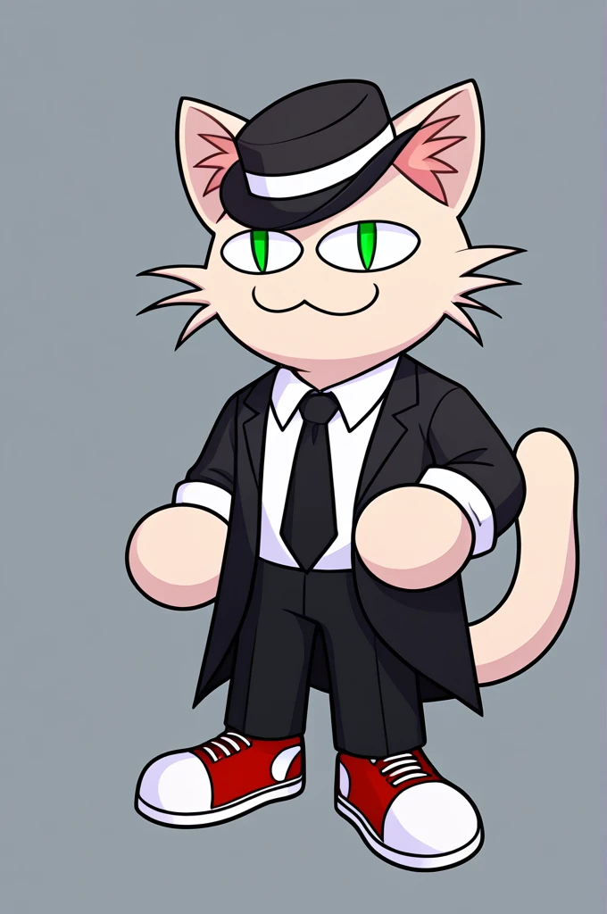 Furry, Solo Male, Tuxedo cat, pale-light green eyes, Light gray general hat, dark red shirt, Black tie, Light gray tuxedo jacket, jacket sleeves rolled up, Black trousers, Red sneakers