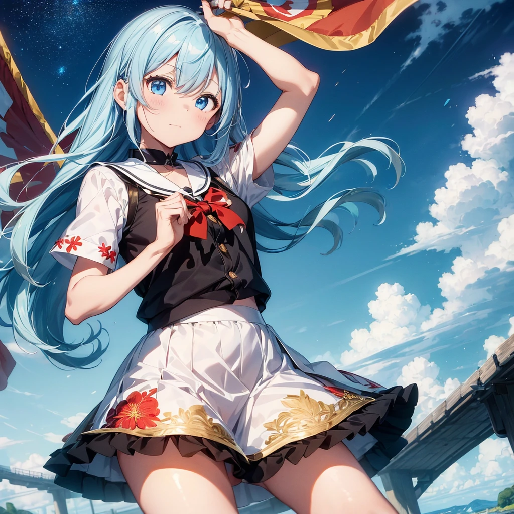 1girl、Dynamic composition、marching band、(((Masterpiece、Highest quality、Official Art、Super detailed、Handsome face、Dynamic composition)))、Anime Style、(Milky white and blue hair:1.3),(blue eyes:1.4),(Bright colors:1.4),((麻の葉background:1.3)),, marching bandのユニフォームを着たクールな女の子, marching bandの帽子、mini skirt, Frills, Black and white with gold embroidered flag held in both hands,（background:Large red flag on the back with gold floral embroidery, Note, )、euphonium、Huge Flag、