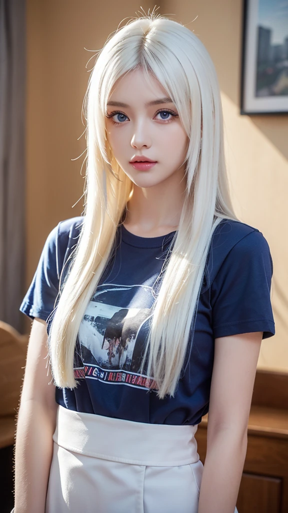 a beautiful detailed 1girl, extremely detailed eyes and face, long silky white hair, beautiful blue eyes, looking at viewer, realistic, photorealistic, photo-realistic, HDR, 8k, high quality, masterpiece, professional, ultra-detailed, vivid colors, studio lighting, physically-based rendering,Room background, t-shirts,  