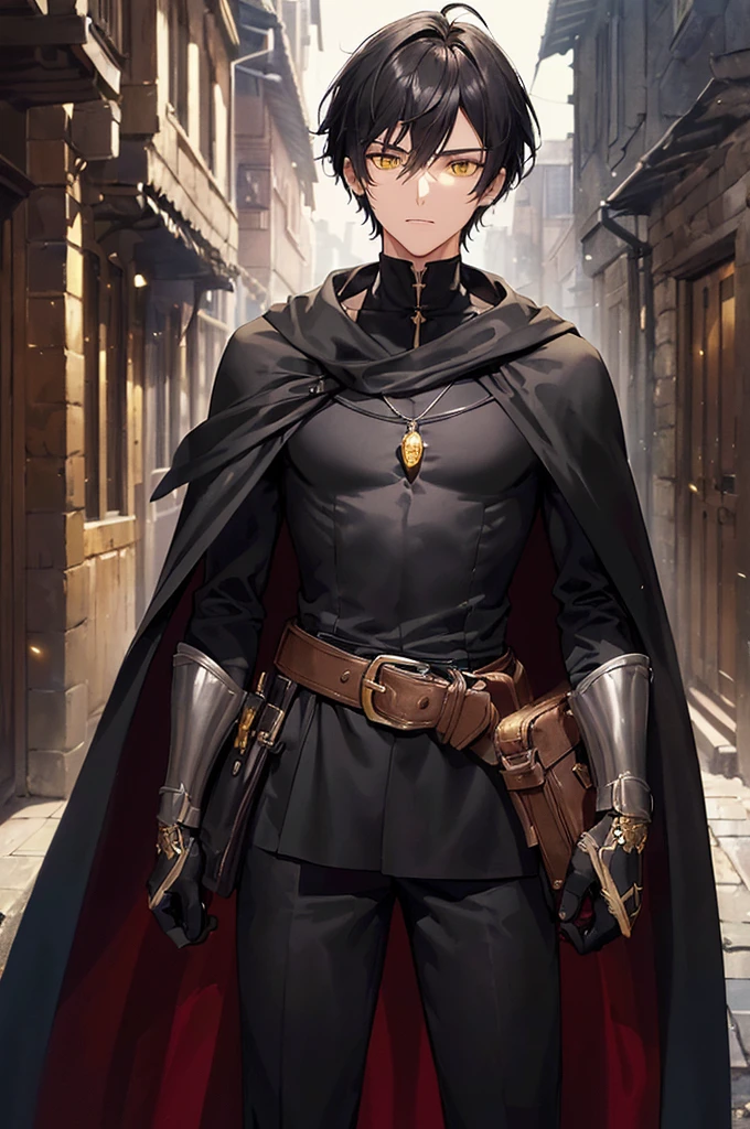 (masterpiece; best quality: 1.2), (finely detailed eyes: 1.3), ((25 year old man)), ((solo)), (yellow eyes: 1.4), (body; lithe, lean, slender: 1.3), (very short black hair: 1.3), (beautiful and clear background: 1.2), ((depth of field)), (clothes: black assassin attire + black high-neck tunic + black pants + black gloves + black cloak + belts + traveler pouches and satchel: 1.3), (anime illustration: 1.2), (background; medieval slums alleyway + night: 1.1), (extremely fine and handsome: 1.1), (shot composition; standing + centered on torso + close-up: 1.5), (expression; calm, stoic: 1.2)