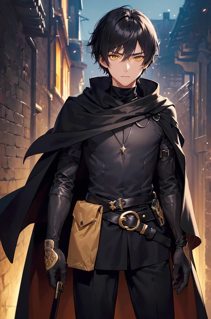 (masterpiece; best quality: 1.2), (finely detailed eyes: 1.3), ((25 year old man)), ((solo)), (yellow eyes: 1.4), (body; lithe, lean, slender: 1.3), (very short black hair: 1.3), (beautiful and clear background: 1.2), ((depth of field)), (clothes: black assassin attire + black high-neck tunic + black pants + black gloves + black cloak + belts + traveler pouches and satchel: 1.3), (anime illustration: 1.2), (background; medieval slums alleyway + night: 1.1), (extremely fine and handsome: 1.1), (shot composition; standing + centered on torso + close-up: 1.5), (expression; calm, stoic: 1.2)