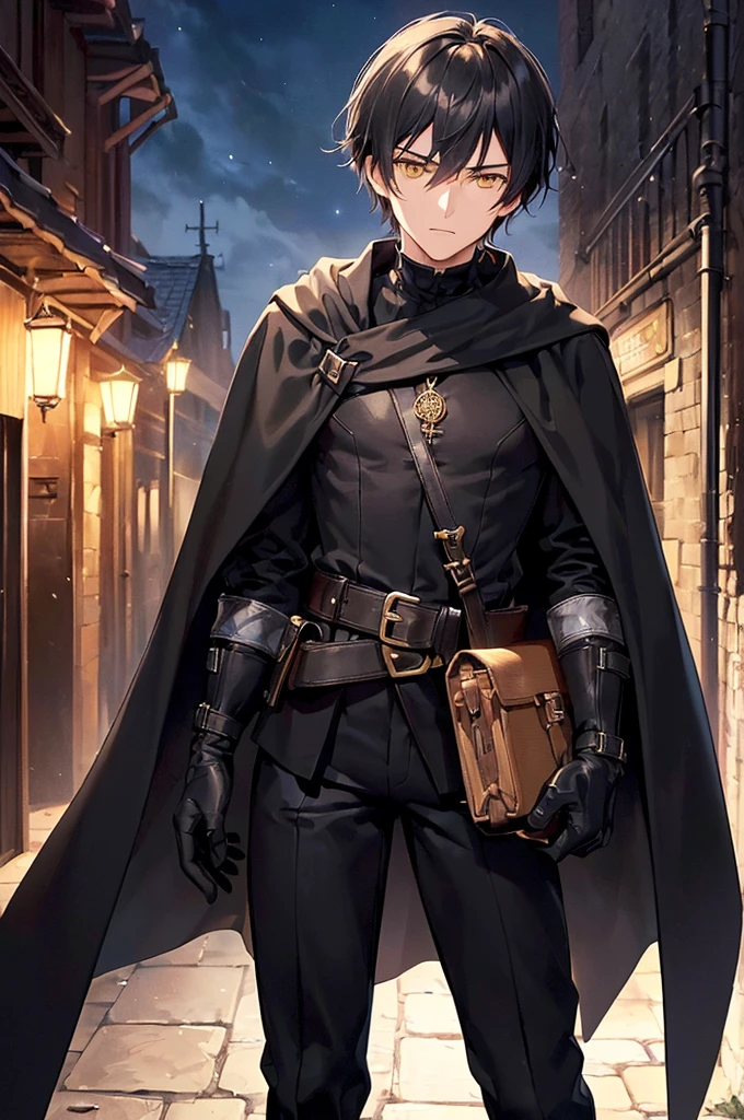 (masterpiece; best quality: 1.2), (finely detailed eyes: 1.3), ((25 year old man)), ((solo)), (yellow eyes: 1.4), (body; lithe, lean, slender: 1.3), (very short black hair: 1.3), (beautiful and clear background: 1.2), ((depth of field)), (clothes: black assassin attire + black high-neck tunic + black pants + black gloves + black cloak + belts + traveler pouches and satchel: 1.3), (anime illustration: 1.2), (background; medieval slums alleyway + night: 1.1), (extremely fine and handsome: 1.1), (shot composition; standing + centered on torso + close-up: 1.5), (expression; calm, stoic: 1.2)
