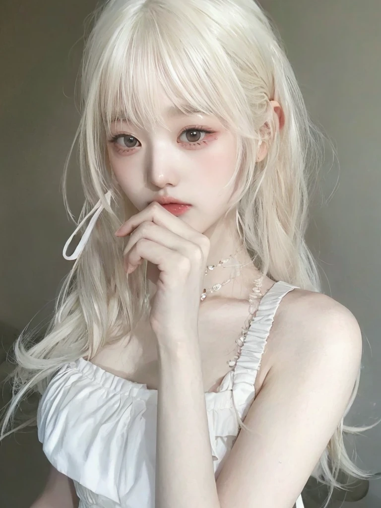 blonde-haired girl with pink scissors in her mouth and a white dress, pale milky white porcelain skin, pale porcelain white skin, anime girl in real life, long white hair and bangs, young pale ghost, chica anime cosplay, extremely pale blonde hair, white hime cut hairstyle, beautiful dolphin, very very pale blonde hair, with long white hair, realistic young anime girl,  Yuna itzy, WONYOUNG ive