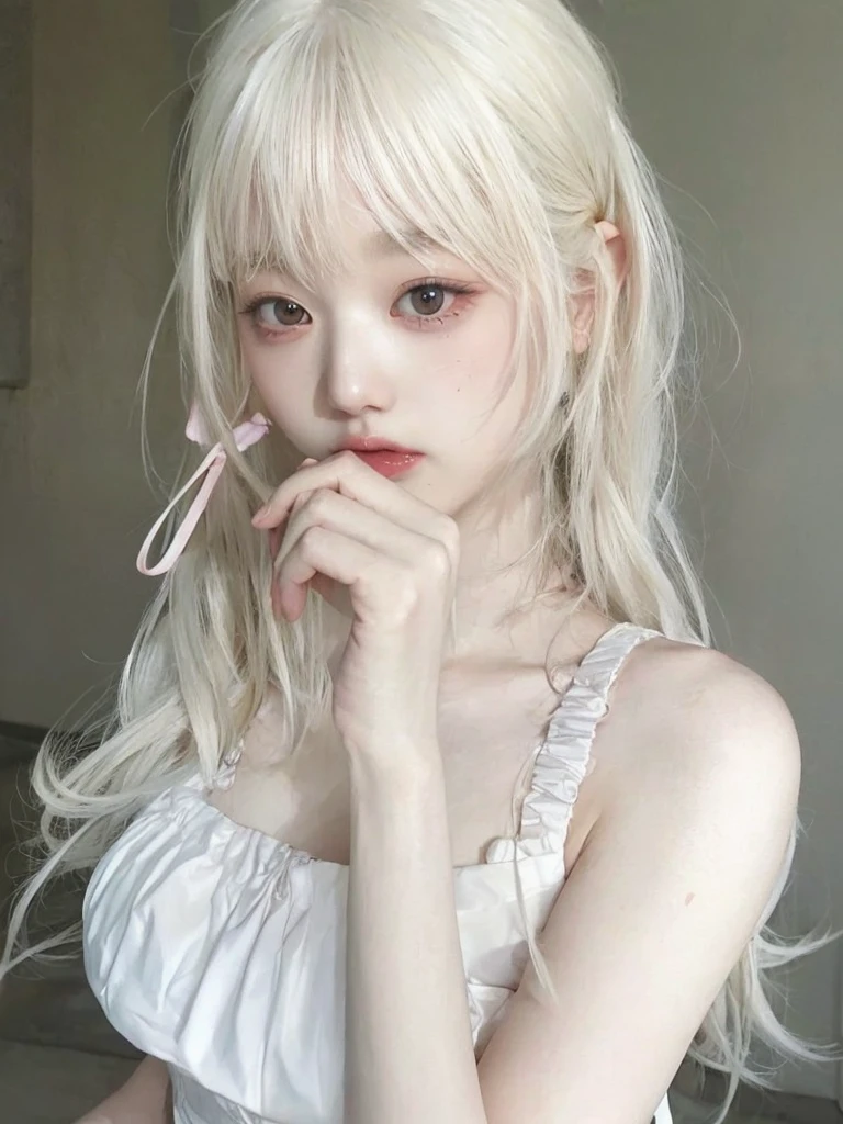 blonde-haired girl with pink scissors in her mouth and a white dress, pale milky white porcelain skin, pale porcelain white skin, anime girl in real life, long white hair and bangs, young pale ghost, chica anime cosplay, extremely pale blonde hair, white hime cut hairstyle, beautiful dolphin, very very pale blonde hair, with long white hair, realistic young anime girl,  Yuna itzy, WONYOUNG ive