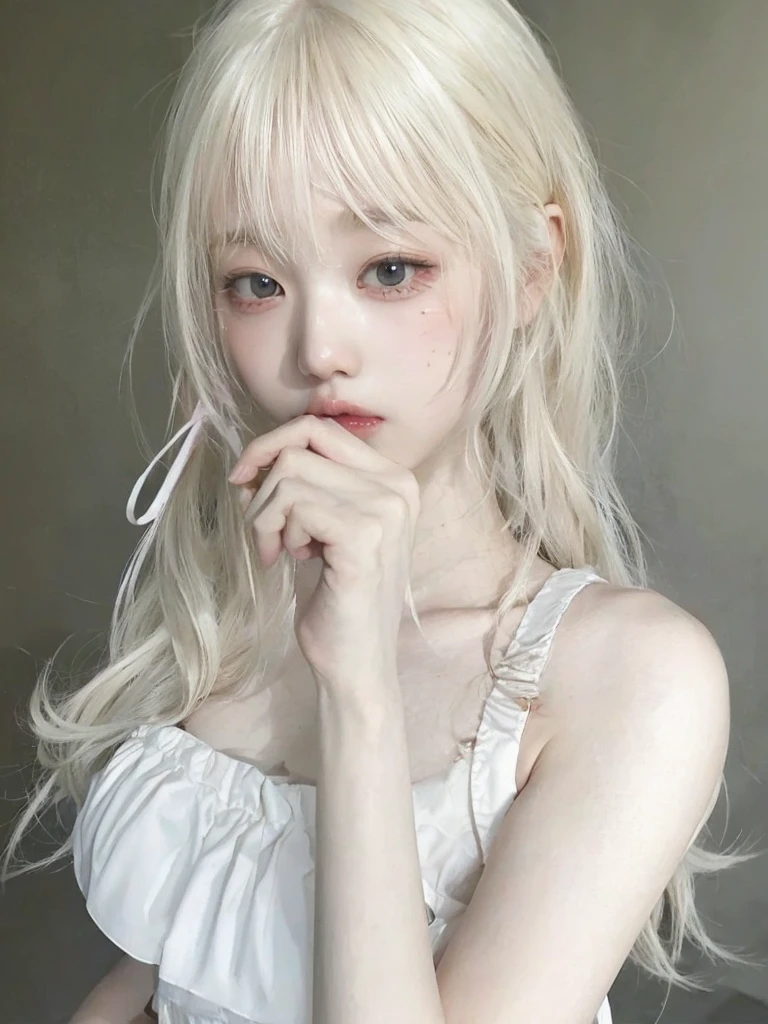 blonde-haired girl with pink scissors in her mouth and a white dress, pale milky white porcelain skin, pale porcelain white skin, anime girl in real life, long white hair and bangs, young pale ghost, chica anime cosplay, extremely pale blonde hair, white hime cut hairstyle, beautiful dolphin, very very pale blonde hair, with long white hair, realistic young anime girl,  Yuna itzy, WONYOUNG ive