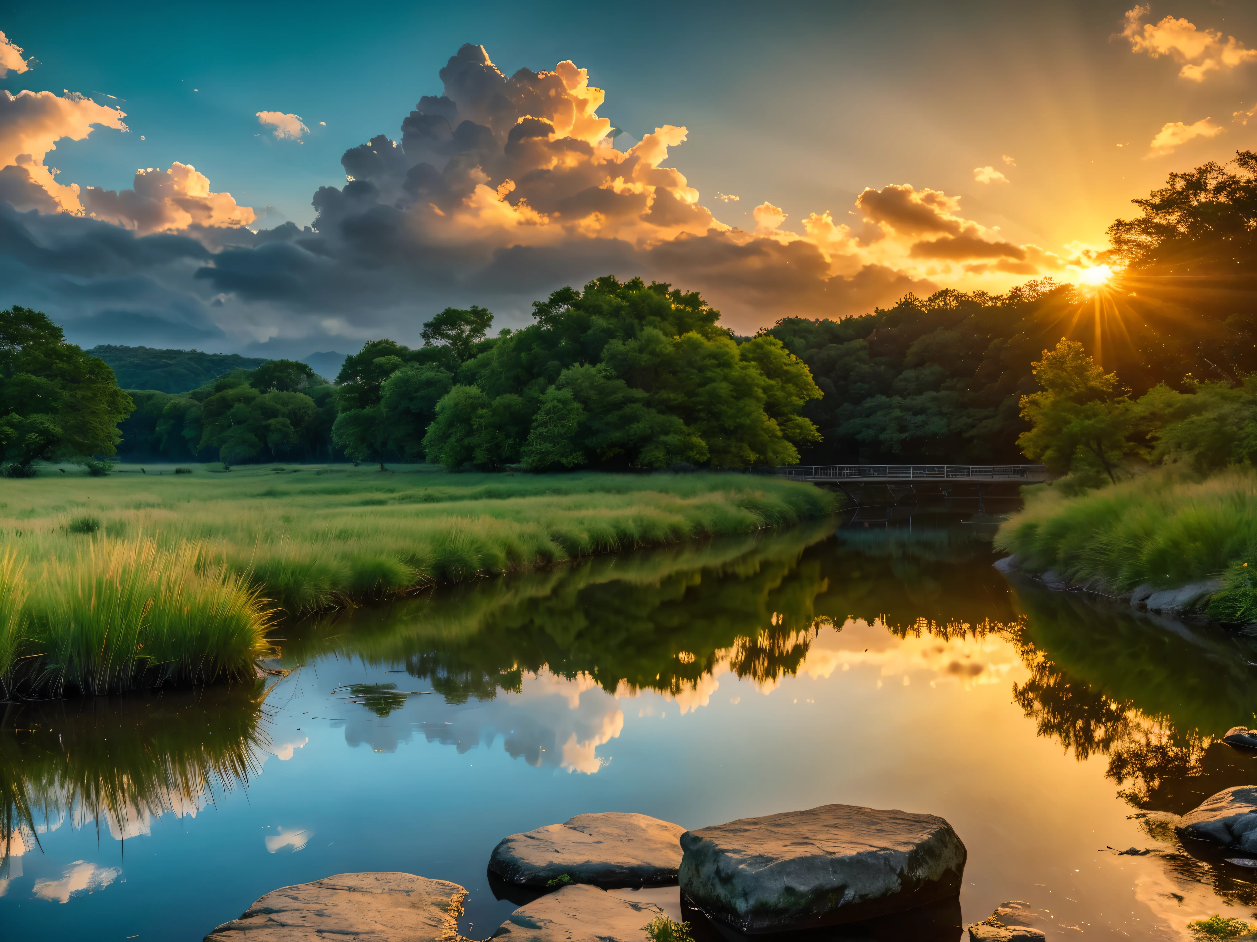 a serene sunset over a tranquil river, beautiful detailed clouds, dramatic lighting, vibrant colors, glowing sun, shimmering water, lush riverbanks, reflections on the water, atmospheric haze, peaceful landscape, detailed foliage, intricate textures, photorealistic,4k,8k,highres,masterpiece:1.2,ultra-detailed,realistic,photo-realistic:1.37,dramatic lighting,cinematic,stunning colors,vivid,breathtaking,atmospheric