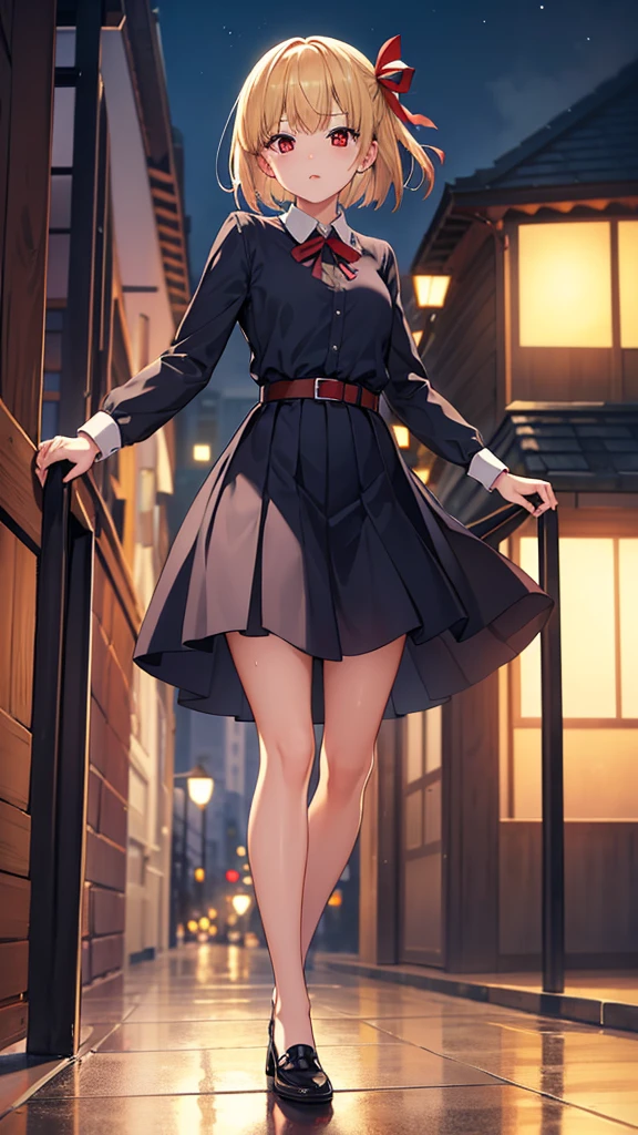chisatonishikigi, nishikigi chisato, short hair, bangs, blonde hair, (red eyes:1.5), hair ribbon, one side up, bob cut, BREAK shirt, long sleeves, dress, ribbon, white shirt, collared shirt, belt, neck ribbon, red dress, blue ribbon, pleated dress, grey dress, two-tone dress, red belt, lycoris uniform,pantyhose,wet shirt,bra vissible, BREAK outdoors,BREAK looking at viewer, BREAK (masterpiece:1.2), best quality, high resolution, unity 8k wallpaper, (illustration:0.8), (beautiful detailed eyes:1.6), extremely detailed face, perfect lighting, extremely detailed CG, (perfect hands, perfect anatomy),city, night, wet road, reflections,from below, full body shot.