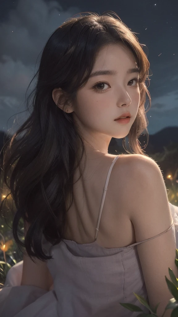 masterpiece, best quality, night, hill, clouds, full moon, long hair, woman, silhouette, fireflies, looking at viewer, medium ,drunk blush