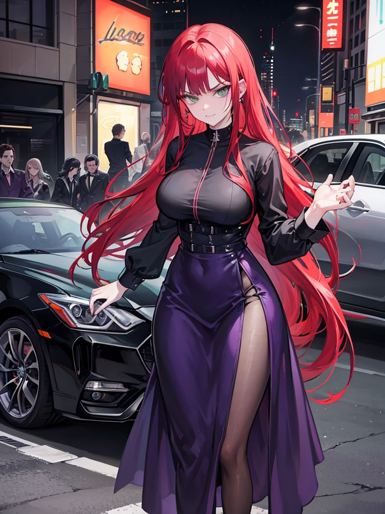 woman, green eyes, long red hair, bangs. she hair wavy. wear purple black dress, arrogant, independent woman, thug. bad girl. intimidating women. background in front of the car. mature woman. mafia. arrogant smile. in night