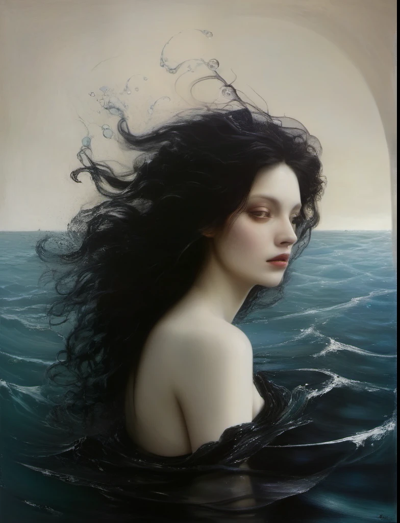 James Gurney, Surrealist art , dream-like, mysterious, Provocative, symbolic, Complex, detailed,, (Gothic but very beautiful:1.4), (masterpiece, Highest quality:1.4) , Nicola Samori Style, siren 、Water bubbles、Wavy Hair、Ocean