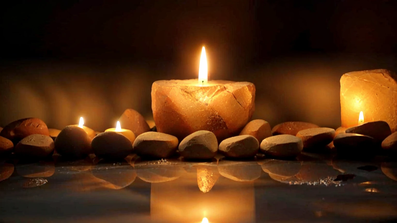there is a lit candle sitting on a table with rocks, peaceful ambience, floating candles, candle light, candle lit, the candle is on a wooden table, candle, natural candle lighting, lit with candles, holy flame spell, candle lights, candlelight, candlelit, candle lighting, serene lighting, glowing candles, beautiful ambiance, lit candles, peaceful atmosphere